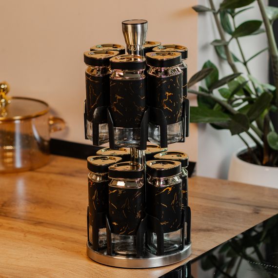 Набор для специй на подставке 12 баночек по 120 мл, черный мармур HP1356 | Зображення 4