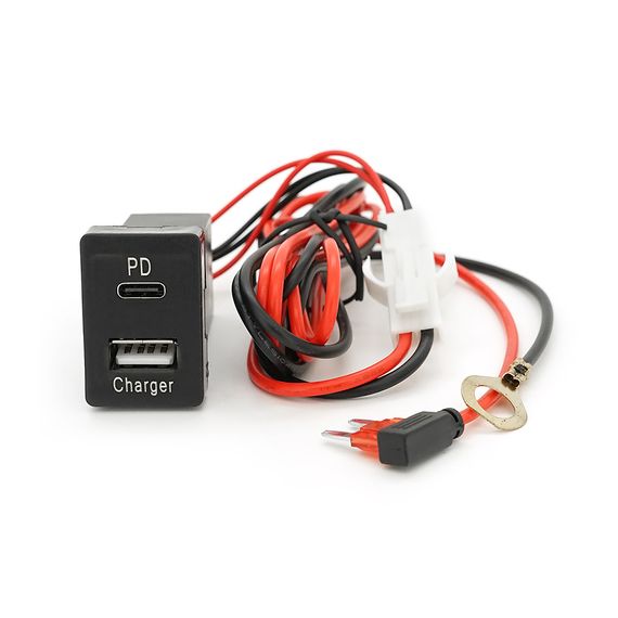 АЗУ врізне 38W-L01T03-С, PD+QC, Type-C: 20W, USB: 18W, комплект дротів з роз'ємами, 33x22х58mm, Black | Зображення 1