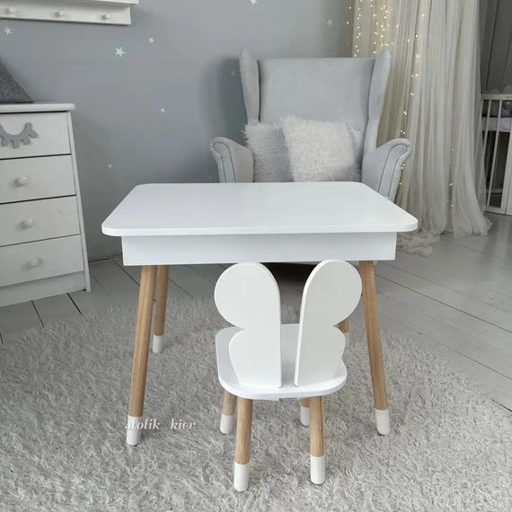 Дитячий столик і стільчик метелик білий. Столик із нішею для олівців і розмальовок