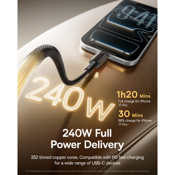 Кабель Baseus Tungsten Gold Air Fast Charging Data Cable Type-C to Type-C 240W 1.2m Чорний | Зображення 4