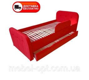 Мягкая детская кровать Teddy 04 красная, обивка рогожка Etna, выдвижной ящик для белья, защитный бортик