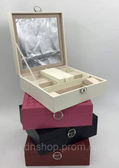 Шкатулка для украшений стеганая с большим откидывающимся зеркалом маленькая шкатулка внутри цвет слоновая кост | Зображення 9