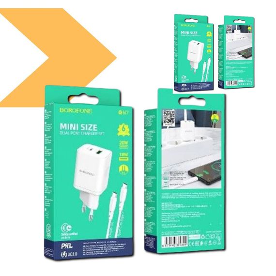 Зарядний пристрій швидкої зарядки XPRO Borofone BN7 PD20W+QC3.0 Type-C To Type-C (33158-01_211) | Зображення 1