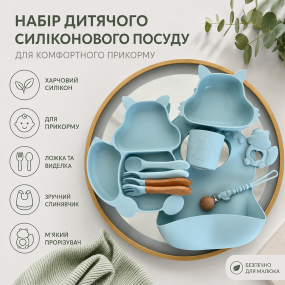 Набір дитячого силіконового посуду для прикорму з тарілкою, слинявчиком і приладами, блакитний