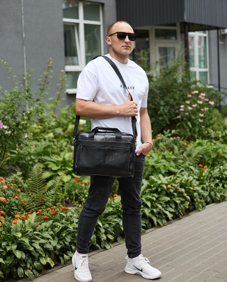 Шкіряна чоловіча сумка-портфель 38х28х8, сумочка для роботи та щоденних справ, чоловічий шопер, чорна | Зображення 6