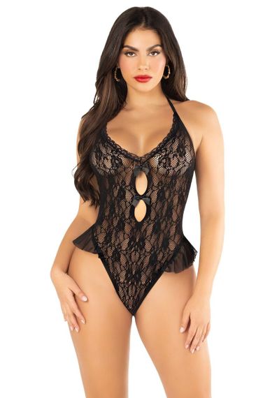 Боди Leg Avenue Lace Floral Lace Halter Teddy with Flutter Accent One Size, Black sexstyle