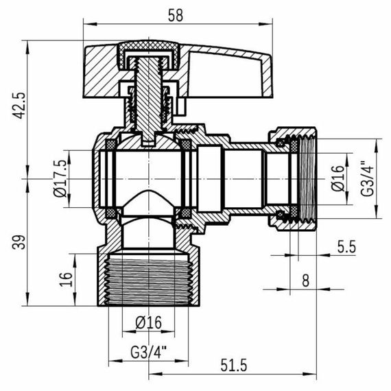 Кран кульовий Thermo Alliance Standart 3/4" В кутовий, PN40, з накидною гайкою TAS223W20 | Зображення 1