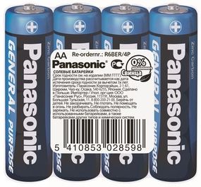 Батарейка Panasonic GENERAL PURPOSE угольно-цинковая AA(R6) пленка, 4 шт. (R6BER/4P)