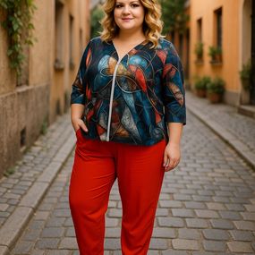 Костюм женский трикотажный Жакет на молнии летний акварель джоггеры оранжевый двунитка 72