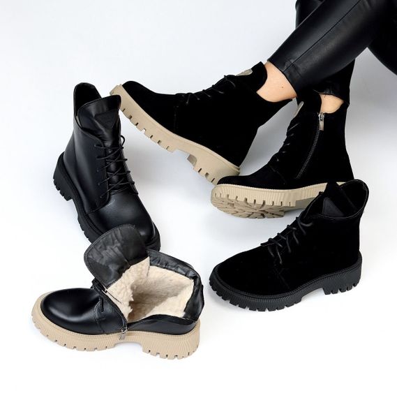 Круті зимові чорні черевики натуральна шкіра на бежевій підошві | Зображення 9
