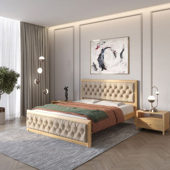 Односпальне дерев&#039;яне ліжко Mebigrand Барселона Б3 Горіх світлий/Аляска 23 (Бежевий) 90х200 см (MBG-12639)