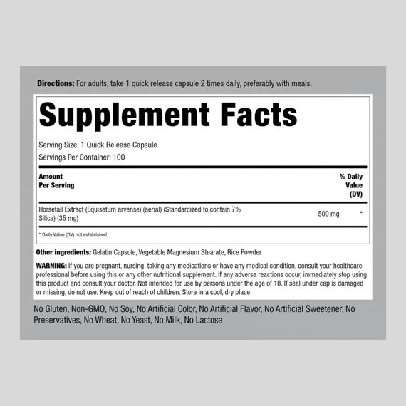 Хвощ Piping Rock Silica (Horsetail), 500 mg, 100 Quick Release Capsules | Зображення 1