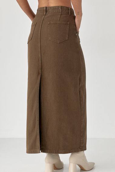 Котонова довга спідниця з розрізом - коричневий цвет, S (є розміри) | Зображення 1