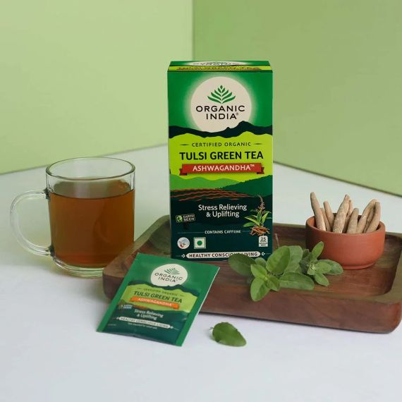 Органічний зелений чай з Туласі та Ашвагандою  25 пакетиків Organic India 801541541892 | Зображення 1