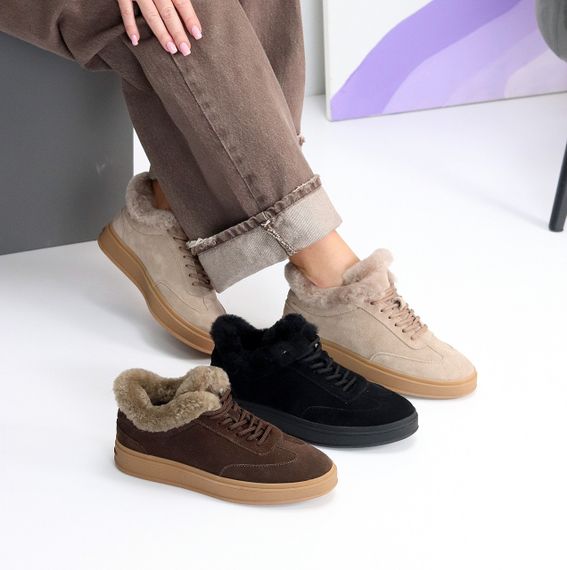 Класичні Бежеві зимові кросівки натуральна замша опушка цигейка | Зображення 9