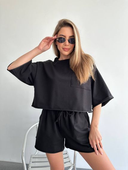 Женский летний костюм шорты и футболка оверсайз LU201 цвет черный, размер onesize S-XL | Зображення 4