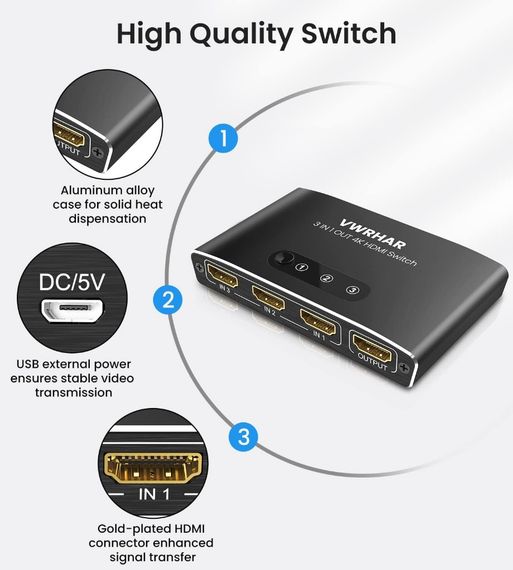 Switch hdmi 4k 3 входа 1 выход vwrhar 4k2301a | Зображення 3