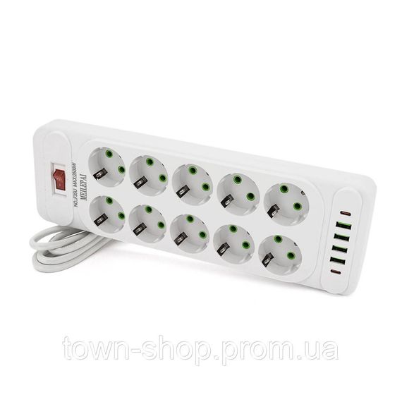 Сетевой фильтр F35U, 10 розеток EU + 4 USB + 2 PD, кнопка включения с индикатором, 2 м, 3х0,75мм, 2500W,