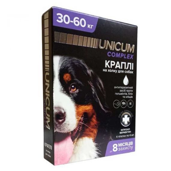 Капли от блох, клещей и глистов для собак 30-60 кг Unicum Complex, 4 пип