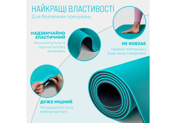 Килимок для йоги та фітнесу EasyFit TPE+TC 6 мм двошаровий + Чохол м'ятний-чорний (EF-1924s-MTB) | Зображення 3