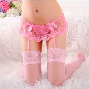 Мереживні стрінги з поясом для панчіх рожевий