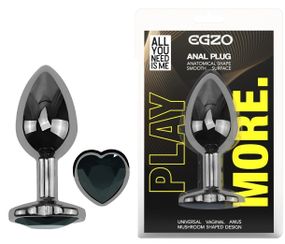 Анальная пробка EGZO Dark Silver Heart Plug S с кристаллом, металлическая, черная Sex Aura