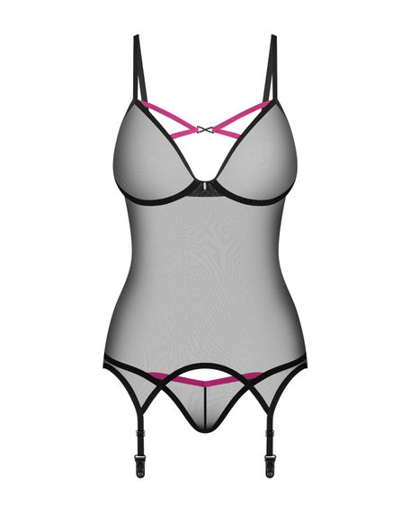 Корсет Obsessive Novenes corset & thong, XL/2XL, прозорий, відкрита спина, стрінги в комплекті | Зображення 3