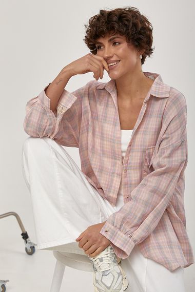 Сорочка в клітинку з відкладним комірцем - пудра цвет, ONE SIZE (є розміри) | Зображення 4