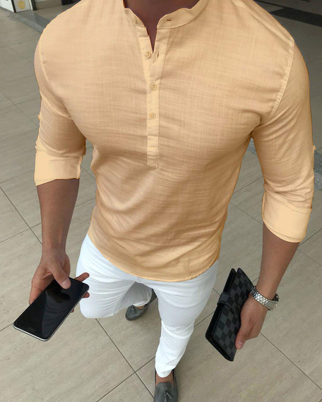 Рубашка лен длинный рукав бежевый S