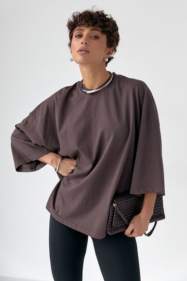 Жіноча футболка оверсайз із декоративним швом на спині - коричневий цвет, ONE SIZE (є розміри)