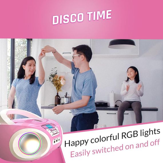 CD-плеер с FM-радио, бумбокс портативный с RGB-подсветкой, USB/AUX на батарейках розовый, проигрыватель дисков | Зображення 2