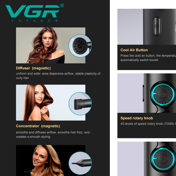 Фен професійний VGR V-401 RED, 40 рівнів обдування, 40 рівнів температури 60°C - 100°C, 3 насадки | Зображення 1