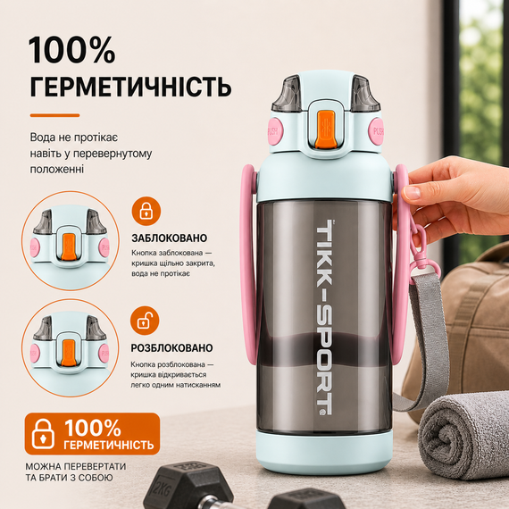 Бутылка для воды TKK 1400 мл (1,4 л) Tritan, с мерной шкалой, соломинкой и ремешком, бирюзовая | Зображення 1