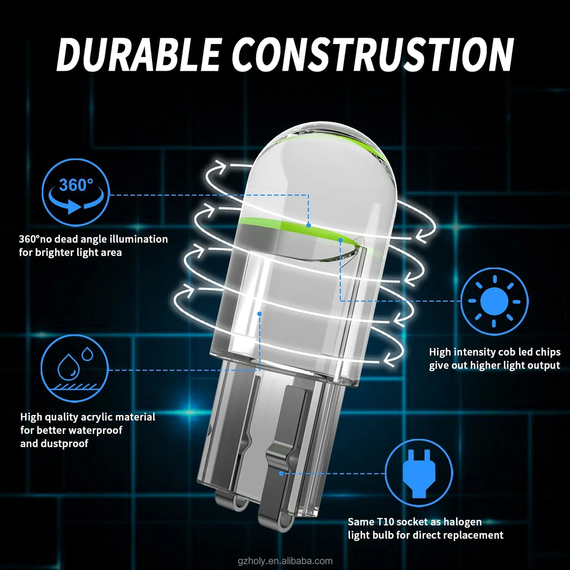 Автолампа Terra T10/W5W, цоколь W2.1x9.5d, COB, скло, зелений, 12 В | Зображення 3
