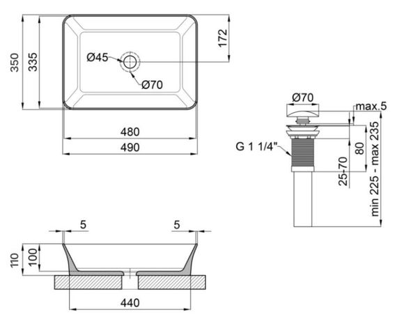 Комплект Qtap Virgo: Раковина накладна прямокутна 490х350х110 мм White + Донний клапан PU02 (QT18112261WN47305) | Зображення 1