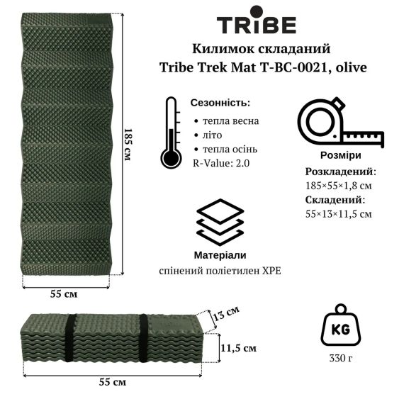 Каремат Tribe складаний туристичний килимок-гармошка оливковий, Похідний каремат трайб для кемпінгу, Компактна пінка для намету
