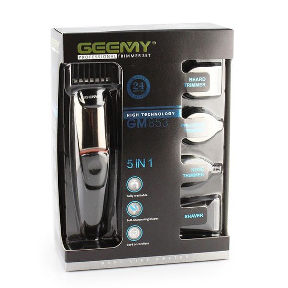 Машинка для стрижки 5в1 Geemy GM-853 стайлер, бритва, триммер на акумуляторі нержавіюча сталь 6 насадок | Зображення 2
