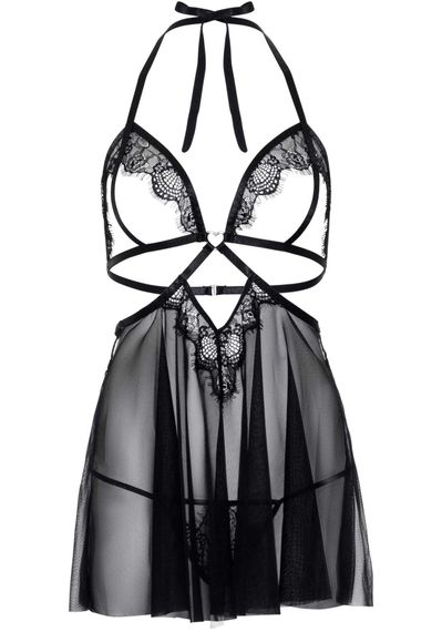Сорочка беби-долл с открытыми чашками Leg Avenue Lace and mesh babydoll & panty Black M, стринги | Зображення 2