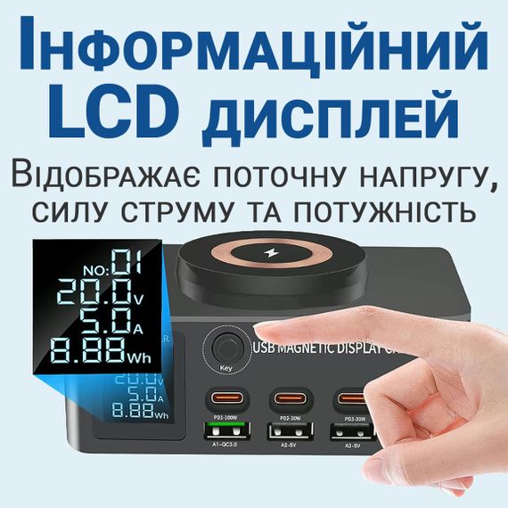 Многопортовое зарядное устройство с беспроводной зарядкой Addap MCS-818D+ | зарядная док-станция на 4 разъема Type-C PD + 4 разъема USB QC3.0, 140W | Зображення 5