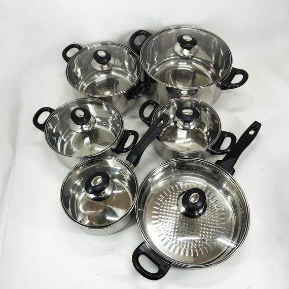Набір каструль FH-219 з нержавіючої сталі 1.9л, 2.5л, 3.4л, 5.8л, 1.9л сковорода 24см та скляними кришками | Зображення 1