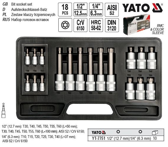 Набир головок торцевих 1/2" 1/4" YATO Польща з наконечникам TORX T10-T60 18 штук YT-7751