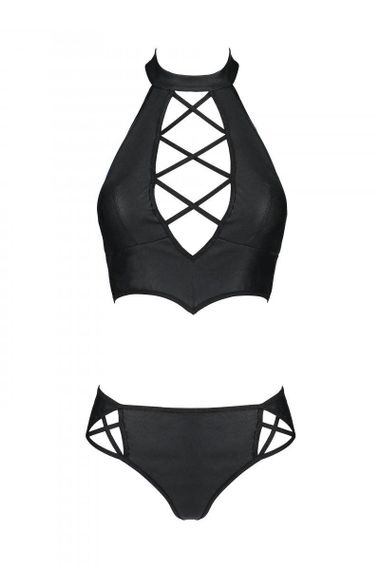 Комплект из эко-кожи Passion NANACY BIKINI L/XL, black, бра и трусики с имитацией шнуровки Sex Aura | Зображення 4