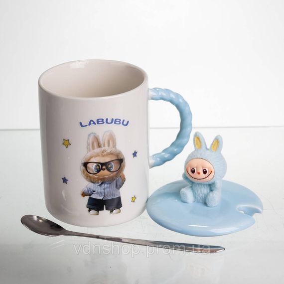 Чашка порцелянова з кришкою і ложкою Labubu 400 (мл) подарункова кружка прикольна чашка для дітей на подарунок Блакитний FM-35B | Зображення 2