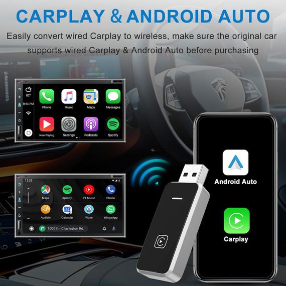 CarPlay Android Auto адаптер для перетворення дротового у бездротовий для iOS 10+ Android 11+, USB Type-C Карплей для авто | Зображення 6
