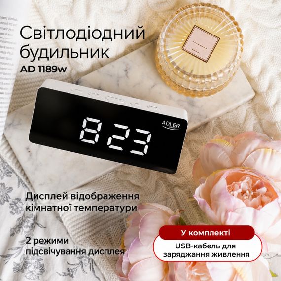 Часы-будильник Adler AD 1189 настольные, электронные, с LED-дисплеем, термометр, питание от USB, белые | Зображення 8