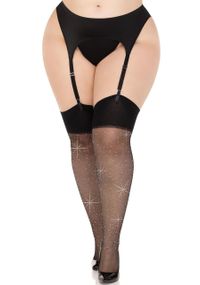 Чулки со стразами Leg Avenue Wide Top Rhinestone Sheer Stockings, 1X/2X, черные, выше колена sexstyle