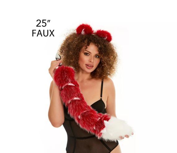 Анальний хвіст зі стрічкою без пробки, Темно-червоний з білим кінчиком, OKOVA 60 см. sexstyle