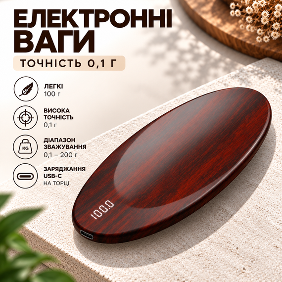 Электронные весы для чая и кофе 0.1–200 г, точность 0.1 г, чайные весы с USB зарядкой, под дерево | Зображення 5