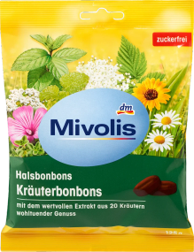 Льодяники Mivolis з 20 травами, без цукру - натуральні, корисні для підвищення імунітету, 125 г, Німеччина