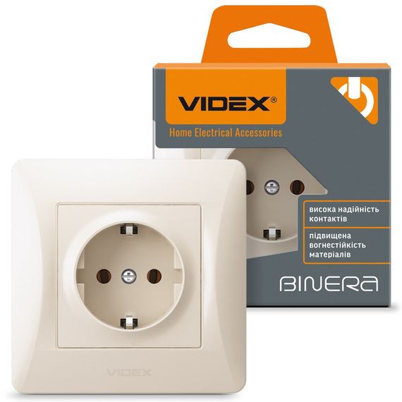 Одинарная розетка с заземлением и повышенной огнеупорностью VIDEX BINERA VF-BNSK1G-CR кремовая | Зображення 1